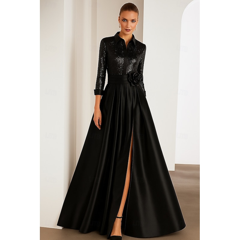 Black Tie Mother of the Bride A-Line Evening Gown Elegant Dress Formal Wedding Floor Length Long Sleeve Shirt Collar Capes Satin with Glitter Pleats2