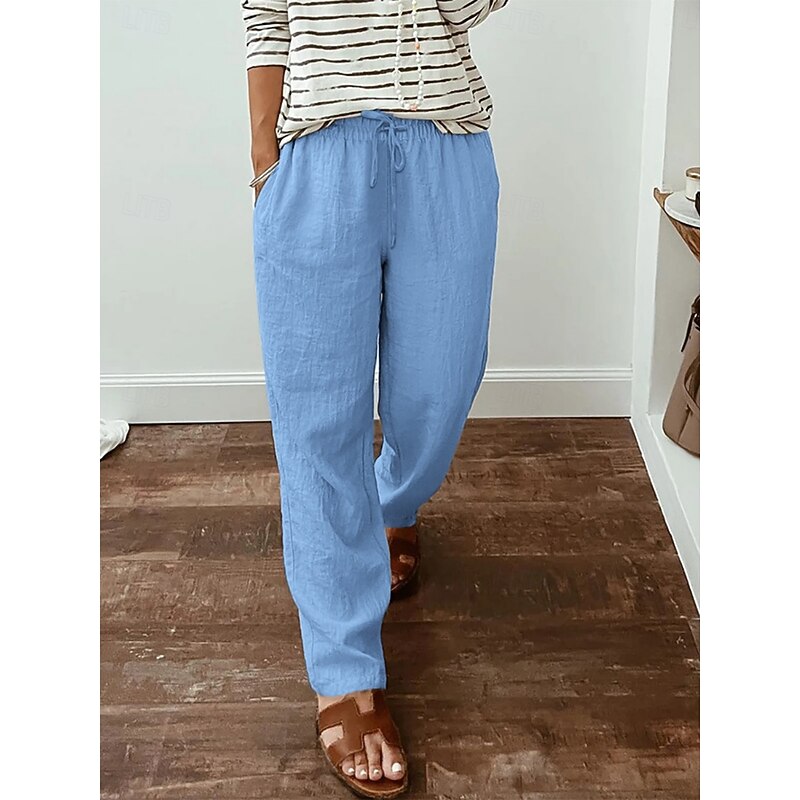 Women's Cotton Linen Pants Pants Trousers Streetwear Casual Long High Waist Plain Pocket Elastic Drawstring Design High Cut Breathability Soft Micro-elastic Street Daily Wear Black White Blue Dark3