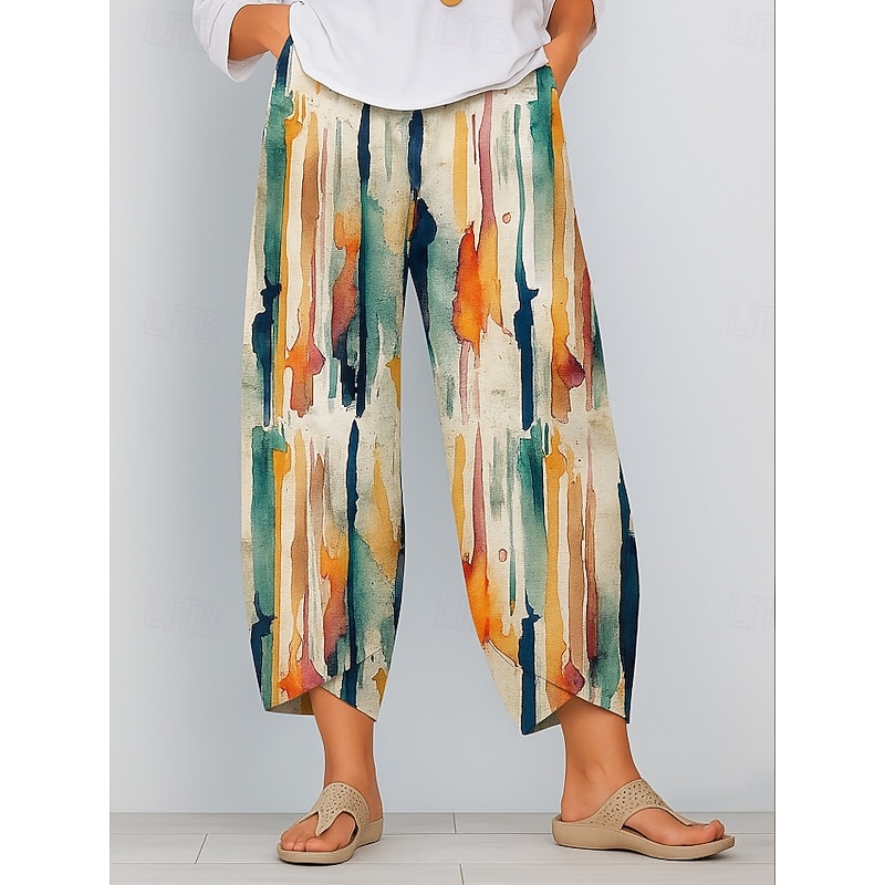 Women's Slacks Cropped Pants Vacation Vintage Ethnic Style Full Length High Waist Graphic Abstract Geometic Elastic Waistband Comfy Breathability Soft Inelastic Formal Outdoor Vacation Red Purple