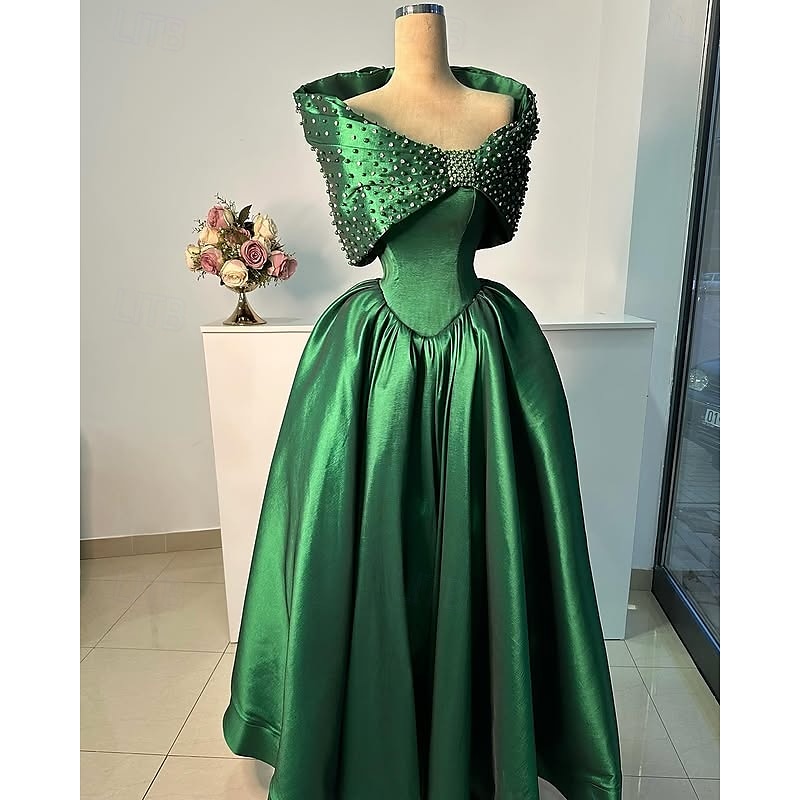 A-Line Evening Gown Elegant Dress Formal Wedding Floor Length Short Sleeve Off Shoulder Stretch Satin with Glitter Pearls Beading2
