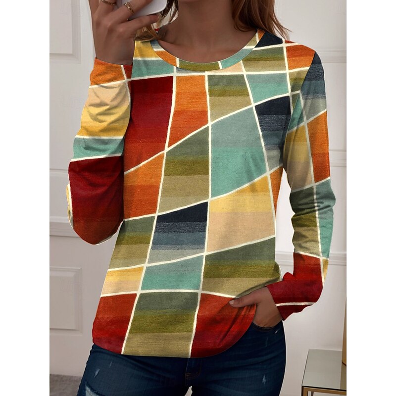 Women's T shirt Crew Neck Long Sleeve Tunic Graphic Geometric Vintage Stylish Modern  Regular Tops Daily Weekend Print Red Blue Brown Fall4