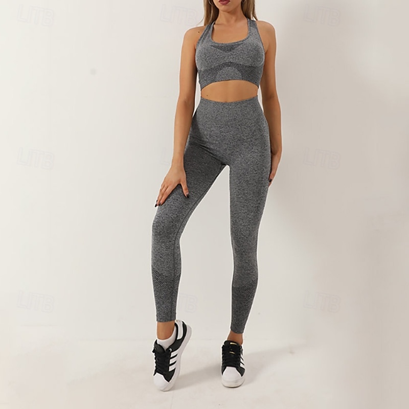 Women's 2 Pieces Yoga Sweatsuit Lounge Outfits  Sports Bra Seamless Leggings Solid Color Clothing Suit Dark Grey Black Gym Workout High Waist Stretchy Breathable Sleeveless Sport Activewear Slim2