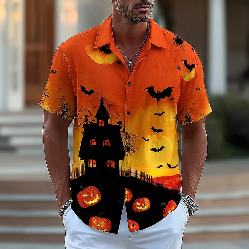 Halloween Men's Pumpkin Haunted House Halloween Costumes Shirt Button Up Shirt Short Sleeve Dark Punk Gothic Style Holiday Streetwear Summer Spring Turndown 3D Print Collared Shirts Orange red Orange