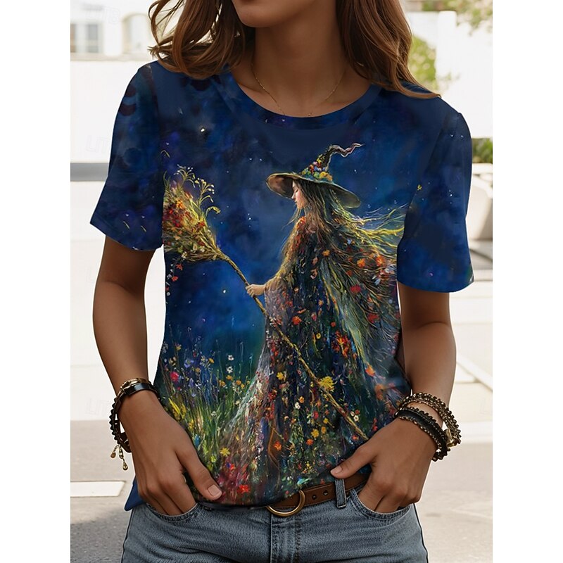 Halloween Women's T shirt Witch Graphic Vintage Stylish Classic Short Sleeve Crew Neck Round Neck Regular Tops Daily Weekend Print Black Pink Blue Sky Blue Purple Summer Spring CHICKEN