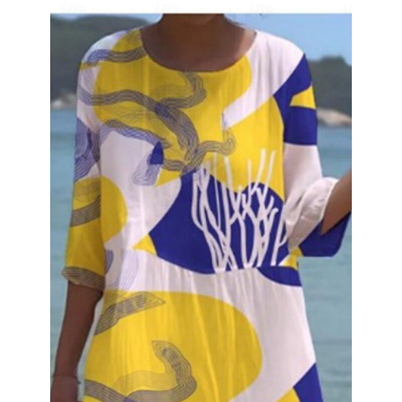 Women's Midi Dress Casual Dress Print Dress Fashion Modern Daily Beach Weekend Regular Fit Floral 3/4 Length Sleeve Crew Neck Yellow Green Spring Fall Autumn2