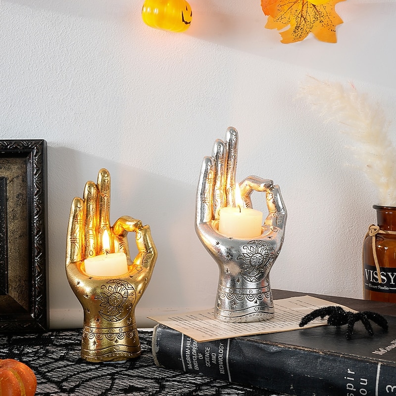 Halloween Resin Right Hand Statue with Three-Finger Sun Pattern, Spooky Art Decor Candle Holder, Horror Design Element for Home Decor, Halloween Parties, and Day of the Dead Celebrations4