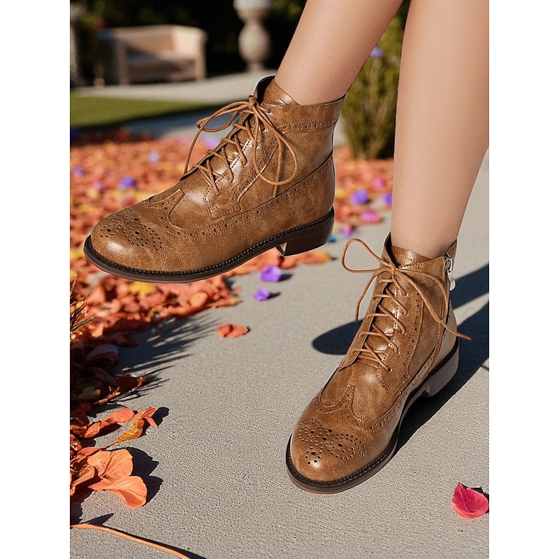 Women's Vintage Oxford Lace-Up Ankle Boots – Brogue Faux Leather Flat Booties for Fall Outfits, Everyday Wear & Retro-Inspired Looks4