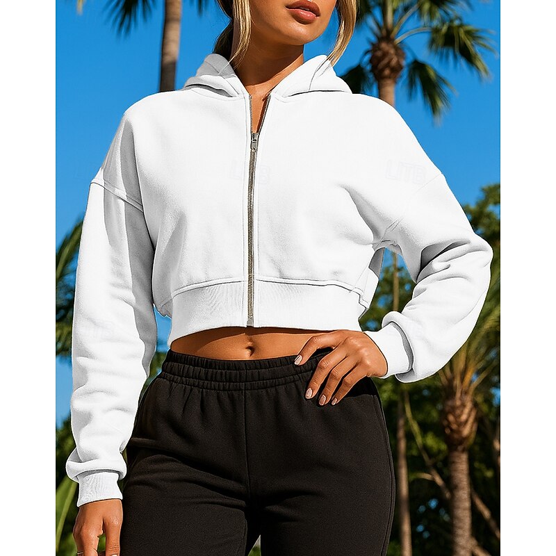 Women's Hoodie Jacket Full Zip Sweatshirt Pocket Long Sleeve Top Athleisure Fall Solid Colored Sun Protection Windproof Outdoor Running Sportswear Activewear White Apricot Gray4