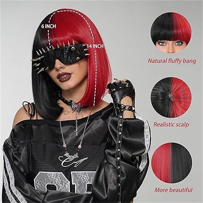 Half Red Half Black Wigs with Bangs 14 Inch Short Straight Bob Synthetic Heat Resistant Wig for Women Halloween Cosplay Party Wig  Halloween Cosplay Party Wigs4