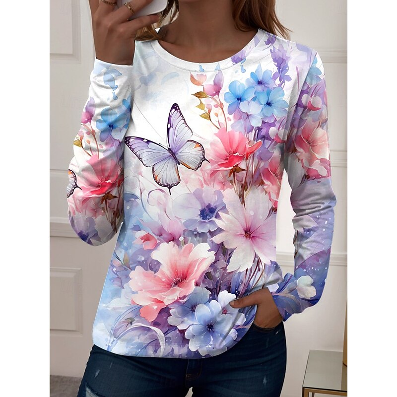 Women's T shirt Crew Neck Long Sleeve Tunic Graphic Butterfly Plants Vintage Stylish Casual  Regular Tops Daily Weekend Print Yellow Blue Purple Fall3