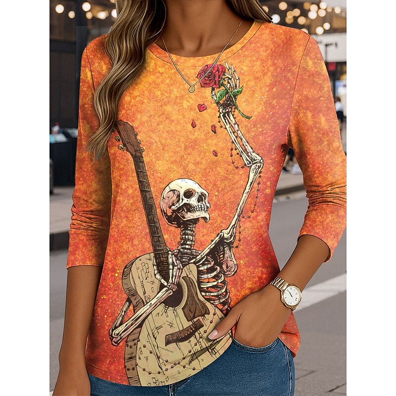 UntilTheLastNote By David Lozeau Halloween Women's T Shirt Skulls Crew Neck Long Sleeve Tunic Graphic  Vintage Stylish Classic  Round Neck Regular Tops Daily Print Orange Fall