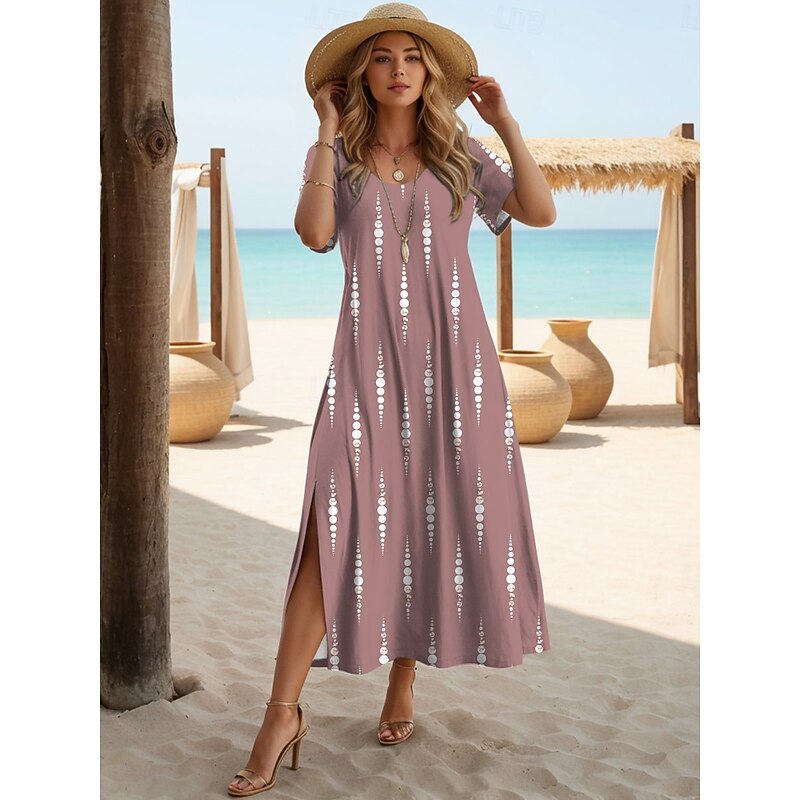 Women's Maxi Dress A Line Dress Solid Color T Shirt Dress Tee Dress Vacation Casual Beach Regular Fit Ombre Graphic Geometric Short Sleeve Crew Neck Gray Pink Summer