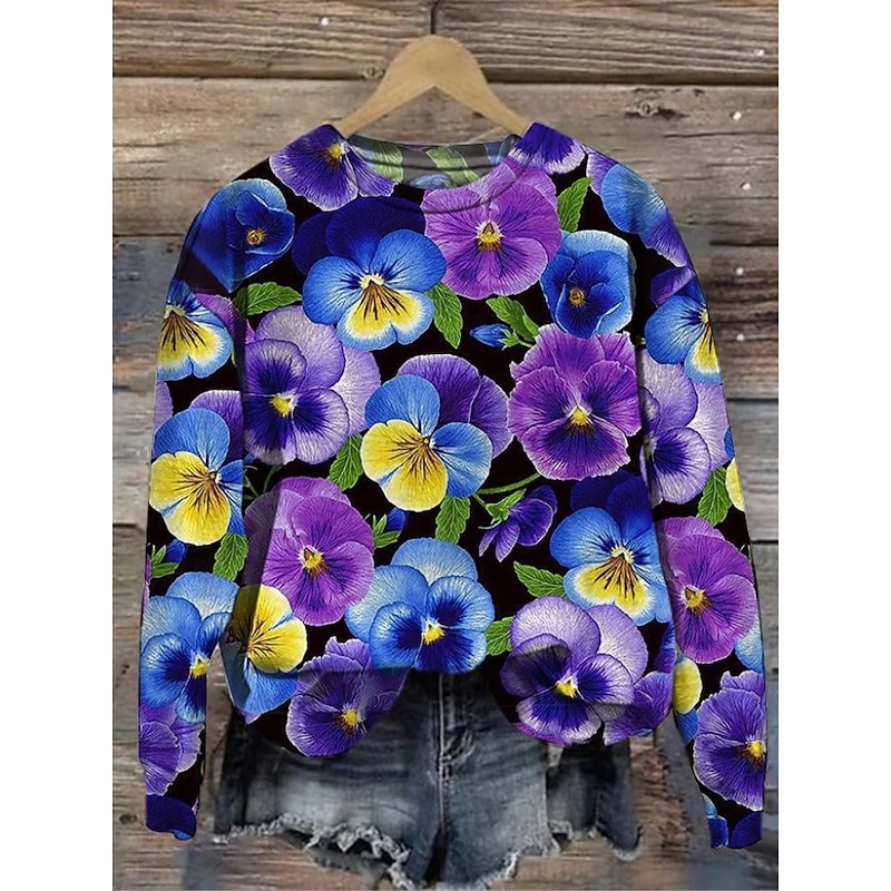 Women's Pullover Sweatshirt Floral Graphic Warm Active Vintage Long Sleeve Crew Neck Regular Tops Street Dailywear Casual Print Black Purple Fuchsia Orange Green Spring Fall Winter4
