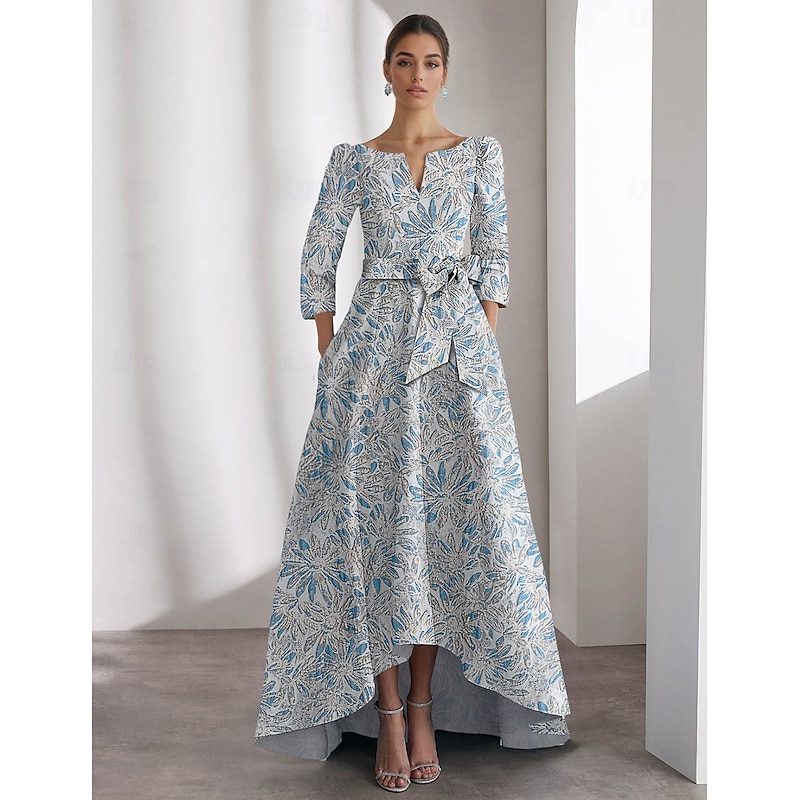 Floral Jacquard Dress A-Line Cocktail Dresses High-low Dress Formal Black Tie Gala Dress 3/4 Length Sleeve V Neck with Pocket4