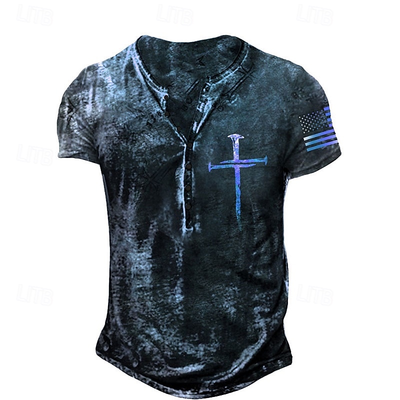 Men's Graphic Cross American Flag T Shirt Henley Shirt Tee Short Sleeve 3D Print Designer Basic Casual Outdoor Daily Sports Summer Black-White Blue Brown Light Grey Henley Henley T-Shirt4