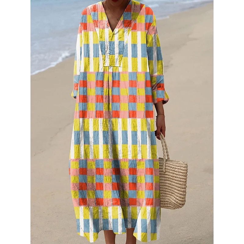 Women's Midi Dress V Neck Long Sleeve Kaftan Lightweight Loose Fit Casual Dress A Line Dress Casual Boho Party Loose Fit Graphic Geometric Long Sleeve V Neck Black Yellow Pink Red Fall2