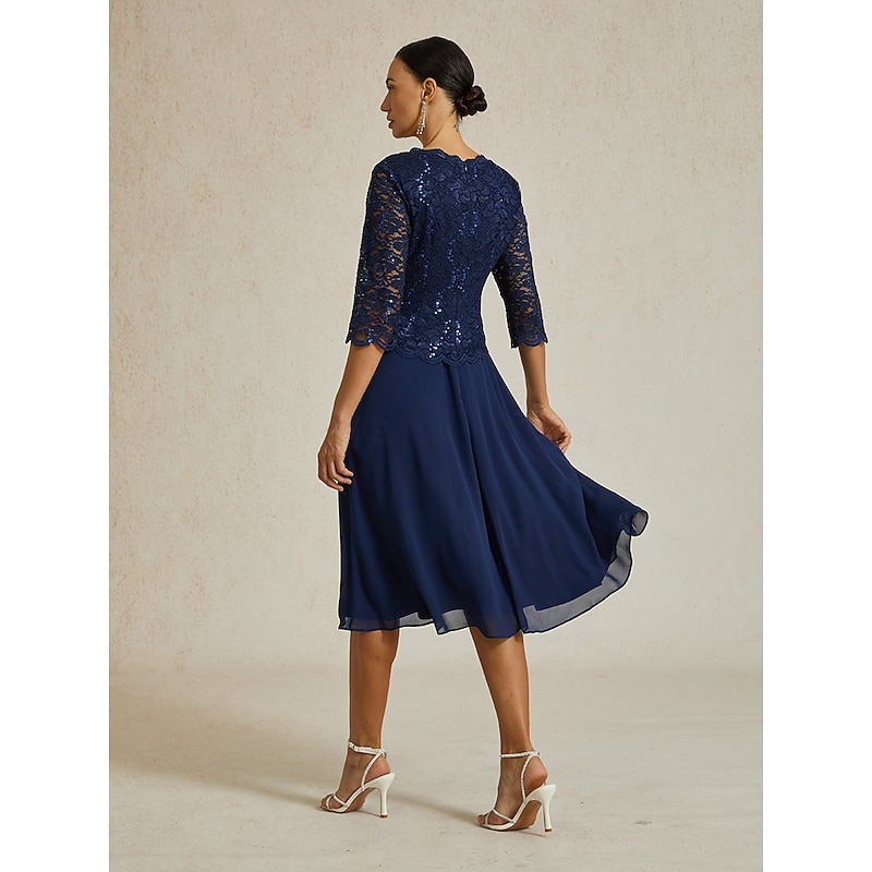 Women's Midi Dress Chiffon Dress Elegant Party Birthday Regular Fit Solid Color 3/4 Length Sleeve Crew Neck Navy Blue Summer Spring Fall2