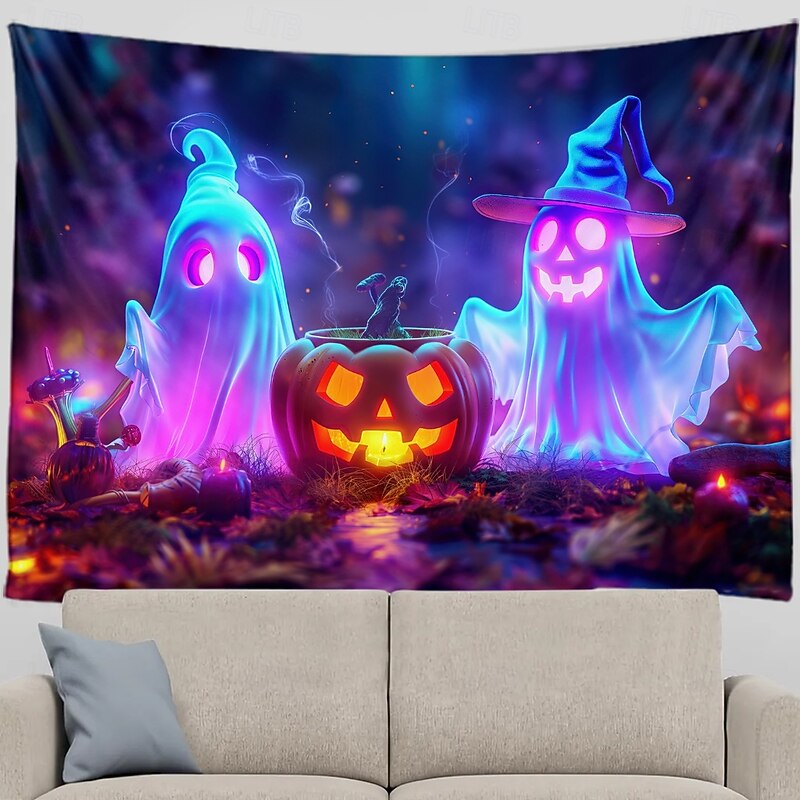 Halloween Blacklight Tapestry UV Reactive Glow in the Dark Forest Trippy Mountain Misty Graveyard Ghost Hanging Tapestry Wall Art Mural for Living Room Bedroom