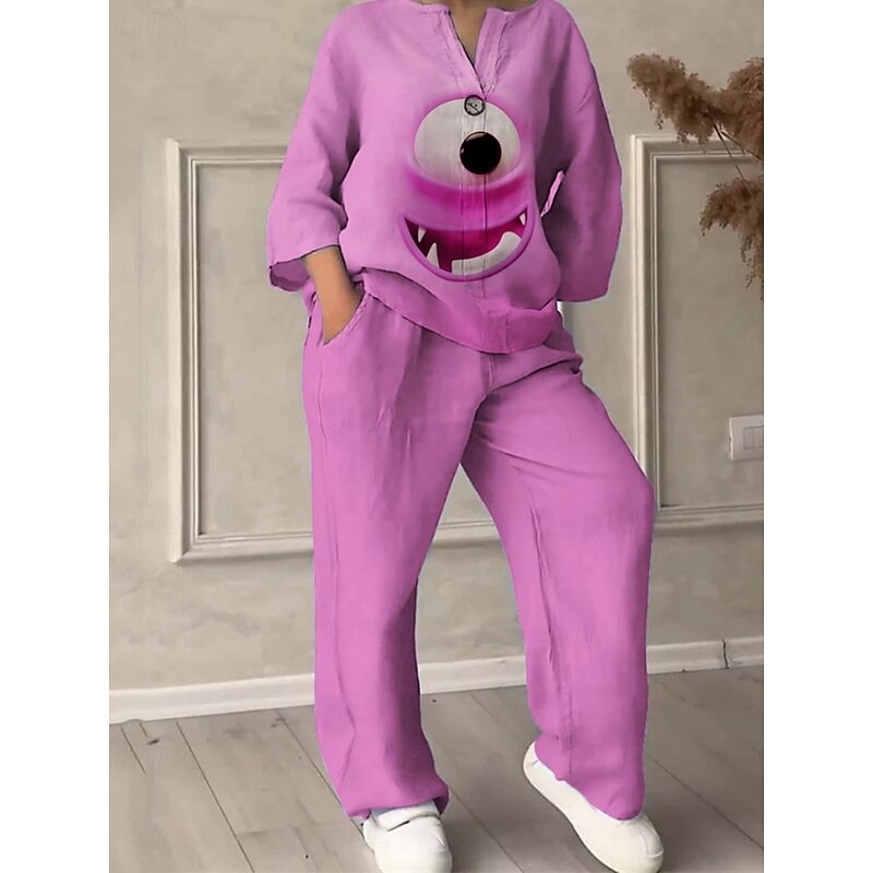 Women's Cartoon Funny Smile Face Pants Sets Long Sleeve V Neck 3D Print Print Vacation Daily Holiday Yellow Red Blue Summer Regular Fit