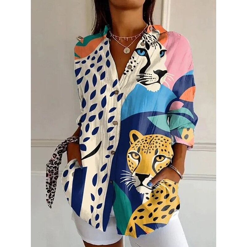 Women's Shirt Button Down Tunic Shirt Collar Long Sleeve Graphic Animal Vintage Daily Stylish V Neck Regular Tops Work Daily Holiday s Print Yellow Green Khaki Spring Fall3