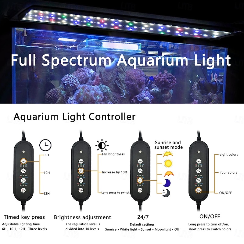 24/7 Lighting Aquarium LED Light, Sunrise-Daylight-Moonlight Mode and DIY Mode, Adjustable Timer Adjustable Brightness Fish Tank Light with Extendable Bracket 7 Colors for Planted Tank4