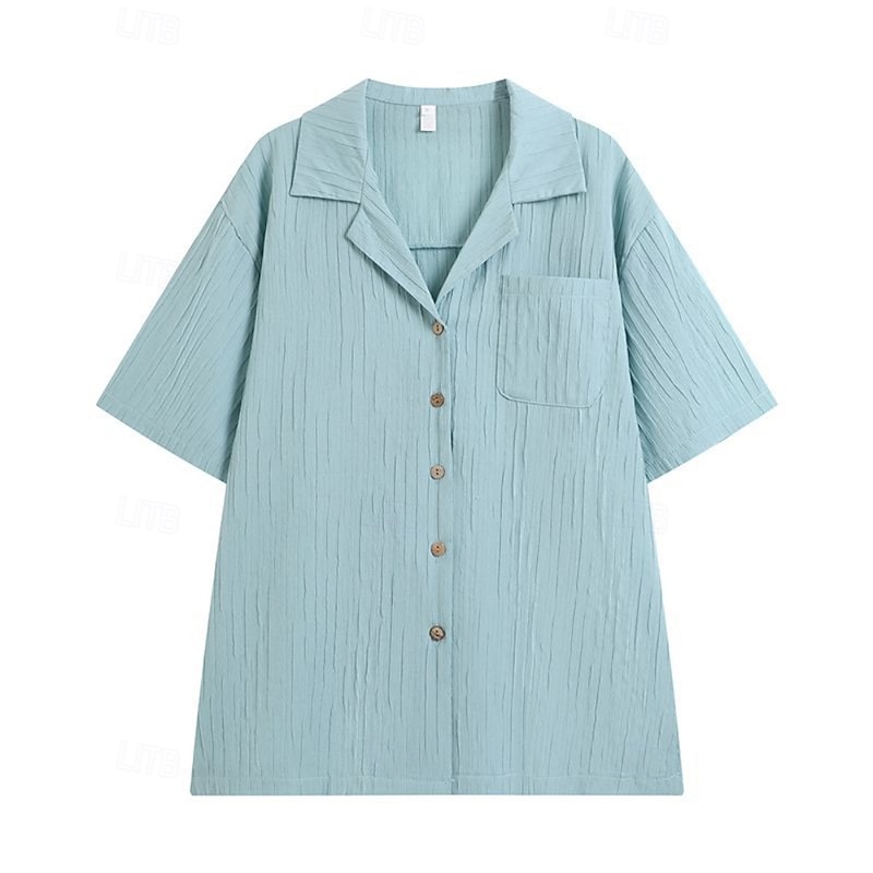 Women's Shirt Texture Blouse Blouse Plain Casual Short Sleeve Shirt Collar Regular Tops Daily Going out Pocket Buttons Blue Summer