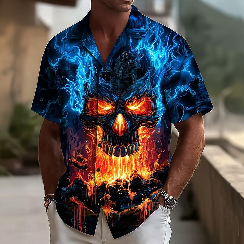 Halloween Men's Skull Flame Sailboat Shirt Cuban Collar Shirt Button Up Shirt Short Sleeve Dark Punk Gothic Style Holiday Streetwear Summer Camp Collar Shirt 3D Print Blue 1# Dark Blue2