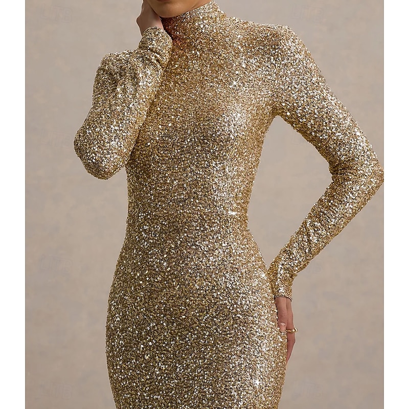 Gold Stretch Sequin Mermaid / Trumpet Evening Gown Elegant Dress Formal Wedding Floor Length Long Sleeve Mock Neck with Glitter2
