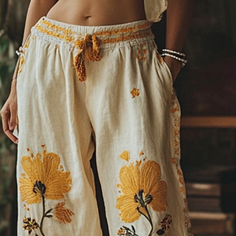 Women's Wide Leg Pants Trousers Palazzo Pants Fashion Boho Full Length High Waist Flower Elastic Waist Drawstring Print Breathability Comfortable Street Daily Wear Going out Yellow Spring Fall2