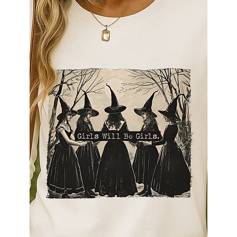 Halloween Women's T shirt Witch Long Sleeve Crew Neck Long Sleeve Tunic Graphic Letter Vintage Stylish Classic Round Neck Tops Daily Weekend Print Black Red Blue Purple Green Spring Fall Prefall3