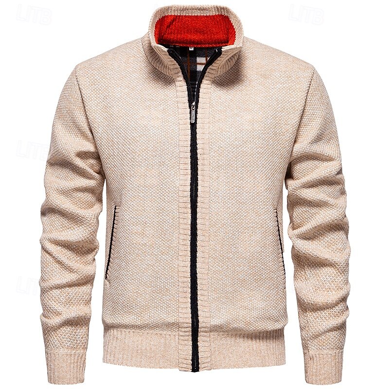 Men's Cardigan Sweater Cropped  Sweater Zip Sweater Knit Sweater Ribbed Knit Regular Tops Pocket Fleece Plain Stand Collar Fashion Classic Vacation Daily Wear Clothing Apparel Fall Winter Wine Red2