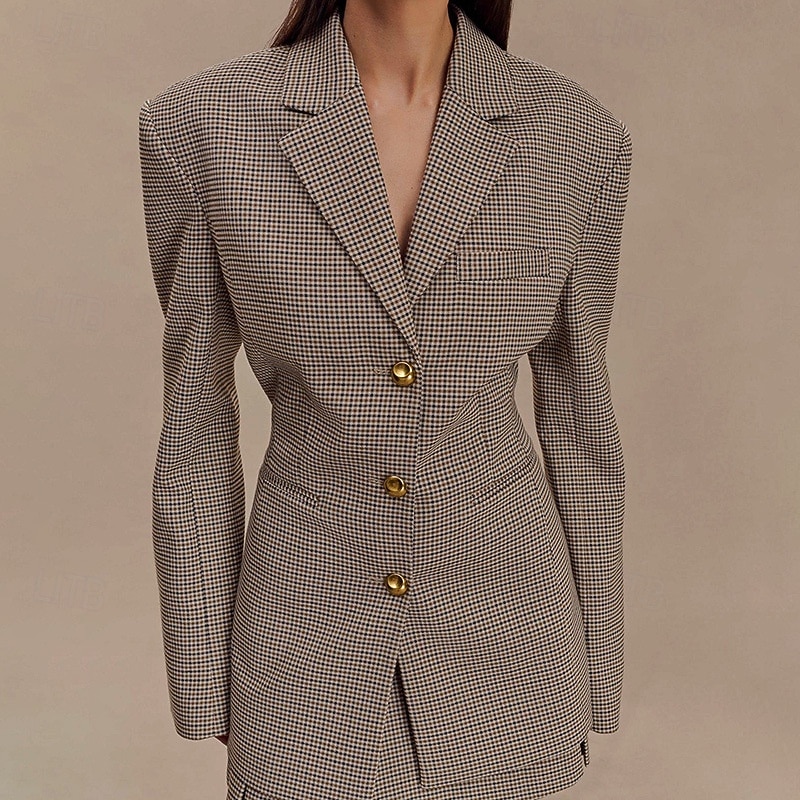 Women's Blazer Warm Comfortable Pocket Buttons Fashion Plaid Outdoor Holiday Single Breasted Regular Turndown Regular Fit Long Sleeve Outerwear Black Fall Winter