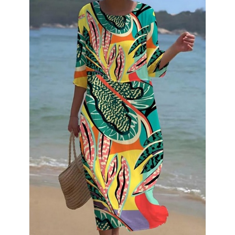 Women's Midi Dress Casual Dress Print Dress Fashion Modern Daily Beach Weekend Regular Fit Floral 3/4 Length Sleeve Crew Neck Yellow Green Spring Fall Autumn3