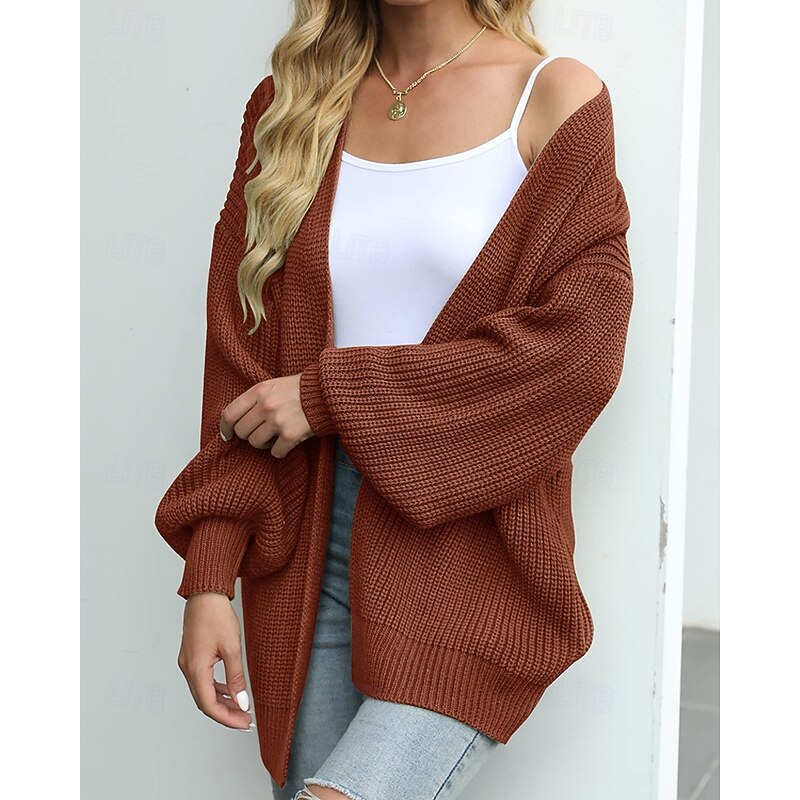Women's Sweater Cardigan Fashion Streetwear Daily Solid Color Ribbed Open Front Knitted Long Sleeve Regular Tops Knit Holiday Going out Weekend Black Khaki Fall Winter3