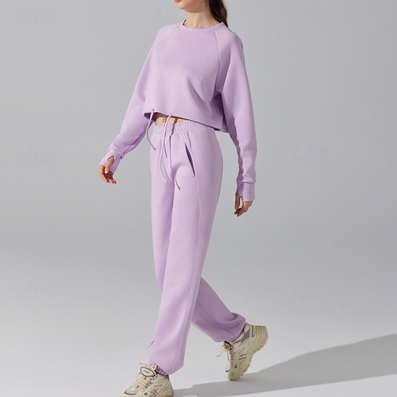 Women's Lounge Sweatsuit Pullover Sweatsuit Fall Drawstring Solid Color Clothing Suit Black Blue Outdoor Running Yoga High Waist Lightweight Softness Warm Long Sleeve Sport Activewear Loose Fit4