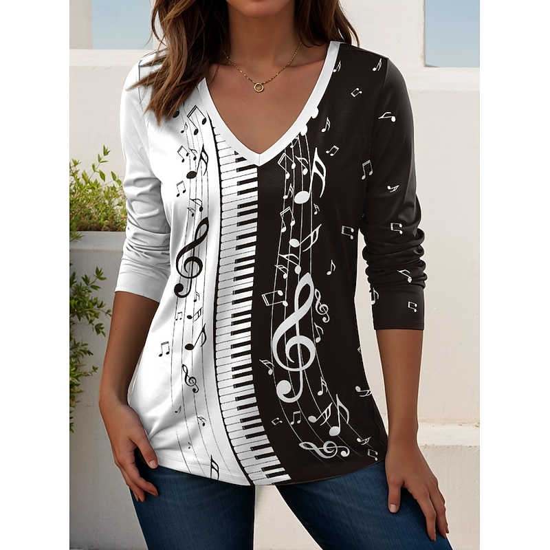 Music Festival Women's T shirt Long Sleeve V Neck Long Sleeve Tunic Graphic Music Vintage Stylish Classic Regular Tops Daily Going out Weekend Print Black and White Black White Spring Fall Prefall3