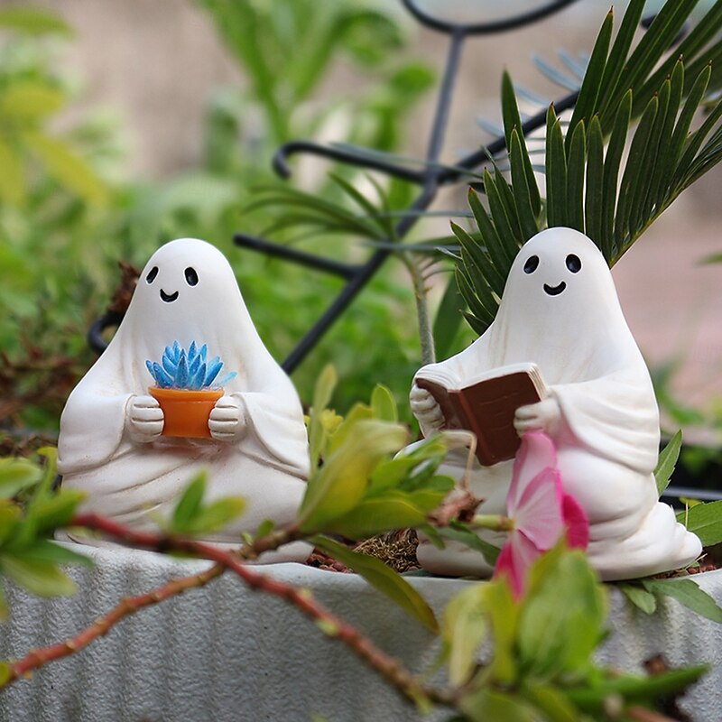 2PCS Halloween Resin Reading Cute Ghost Decoration Figurines Set, Creative Spooky Cute Ghost Decoration Decor for Outdoor Yard and Indoor Home Display3