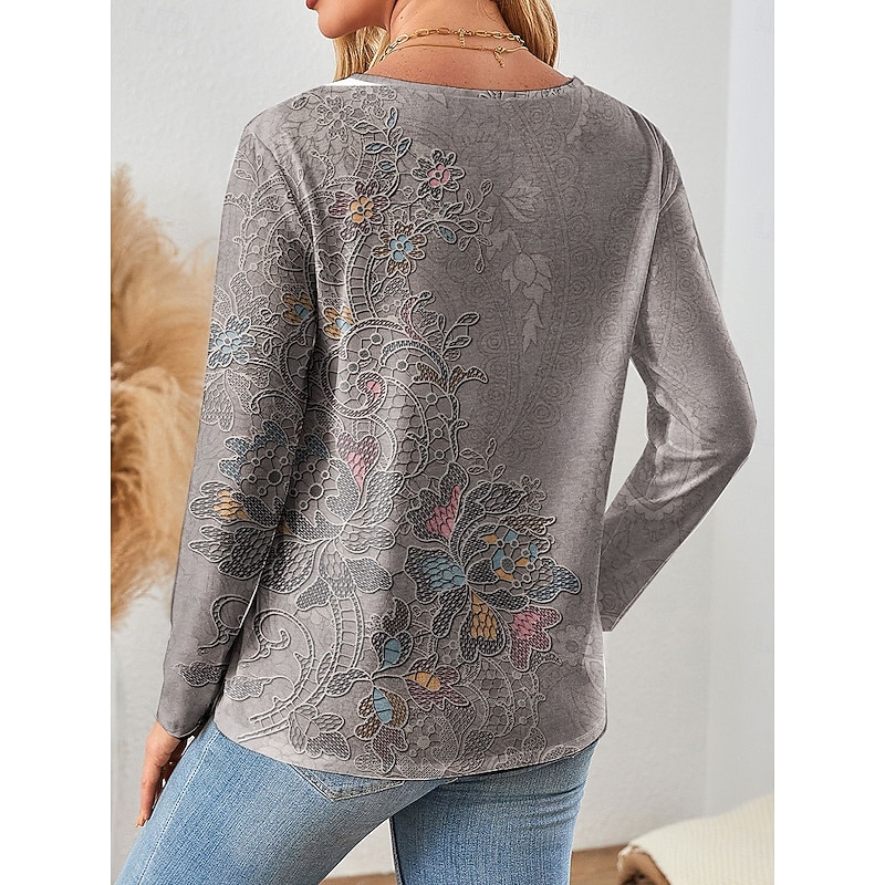 Women's T Shirt V Neck Long Sleeve Tunic Floral Graphic Plants Vintage Stylish Classic Regular Tops Daily Print Pink Blue Green Gray Spring Fall2