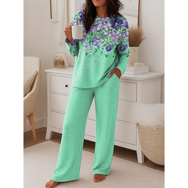 Women's Fashion T Shirt Pants Sets Long Sleeve Round Neck Floral Graphic Print Casual Daily Pink Blue Green Spring Regular Fit4