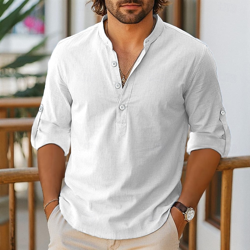 Men's Shirt Linen Shirt Popover Shirt Summer Shirt Beach Shirt Solid Color Vacation Holiday Black White Pink Blue Long Sleeve Henley Clothing Apparel3