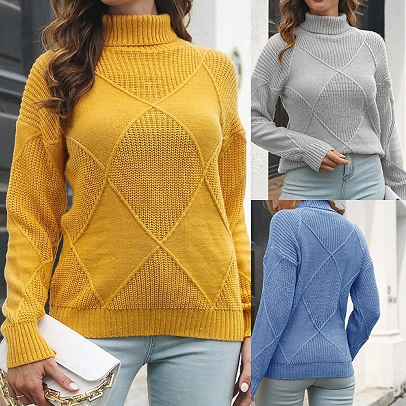 Women's Pullover Casual Solid Color Chunky Turtleneck Knitted Long Sleeve Regular Tops Knit Daily Holiday Going out Yellow Blue Fall Winter