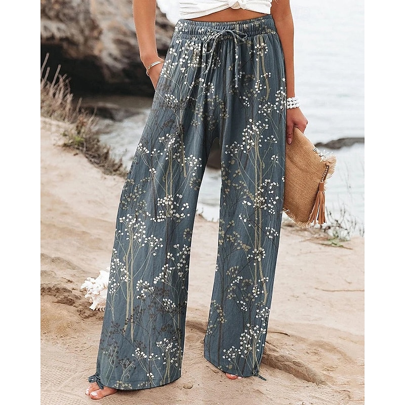 Women's Wide Leg Pants Trousers Palazzo Pants Fashion Streetwear Full Length High Waist Flower Elastic Waist Drawstring Print Breathability Comfortable Street Daily Wear Going out Navy Blue Dark Blue2