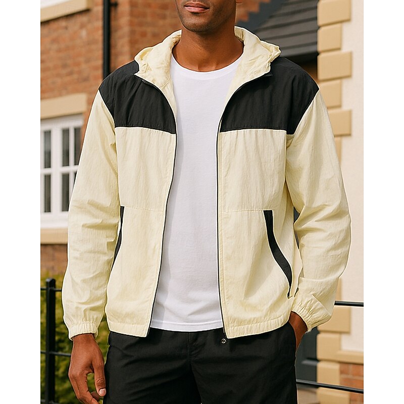 Men's Zip Up Hoodie Outdoor Jacket Drawstring Pocket Long Sleeve Top Athleisure Patchwork Sun Protection Windproof UPF50+ Lightweight Hiking Workout Athletic Sportswear Activewear Light Grey Green3