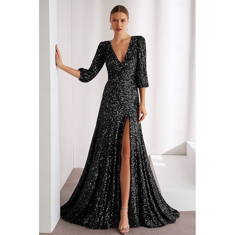 Gold Black Tie Sequined A-Line Evening Gown Elegant Dress Formal Wedding Floor Length 3/4 Length Sleeve V Neck with Glitter Pleats