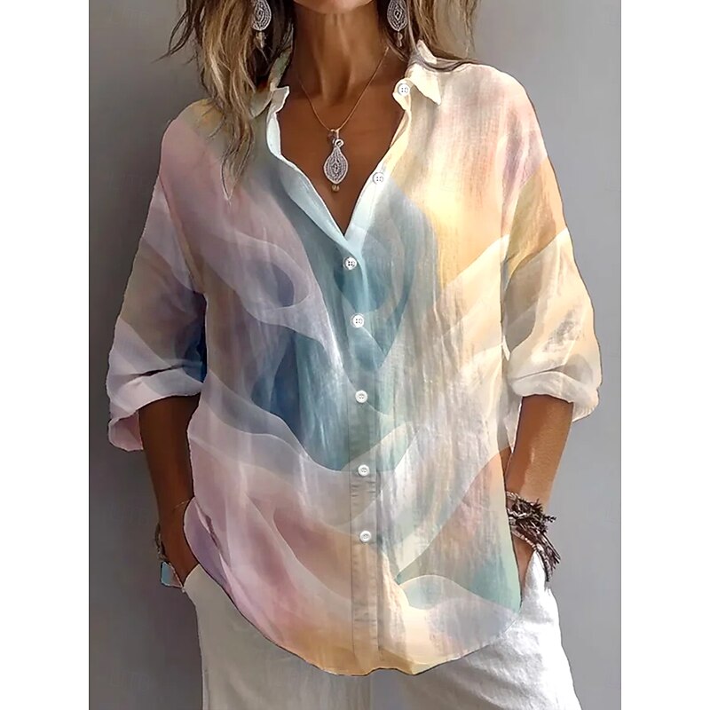 Women's Shirt Button Down Tunic Shirt Collar Long Sleeve Graphic Abstract 3D Daily Stylish Retro Vintage Regular Tops Daily Holiday Going out s Yellow Pink Light Purple Spring