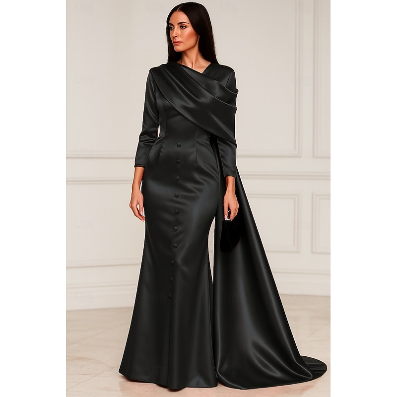 Red Cape Stretch Satin Mermaid / Trumpet Evening Gown Elegant Dress Formal Wedding Floor Length Long Sleeve Queen Anne with Pleats Shawl4