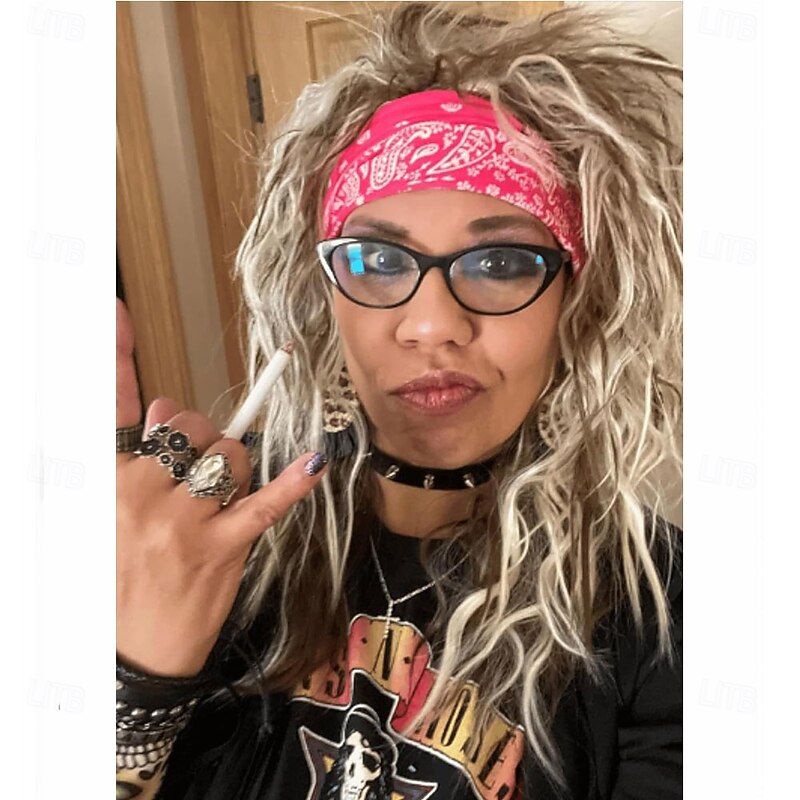 70s 80s Rocker Wigs  Tattoos Costume Set Glam Hairband Rockstar Mullet Wig  Tattoo Sleeves Heavy Metal Wigs Metal HairWig  Rock Star Wig for Men  Rock Star Costumes for Men's3