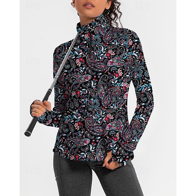 Women's Floral Botanical Golf Polo Shirt Tennis Shirt Long Sleeve Print Quarter Zip Pullover UV Protection Elastic Breathable Tennis Golf Pickleball Zip Collar Shirt Polo Black Tennis Clothing4