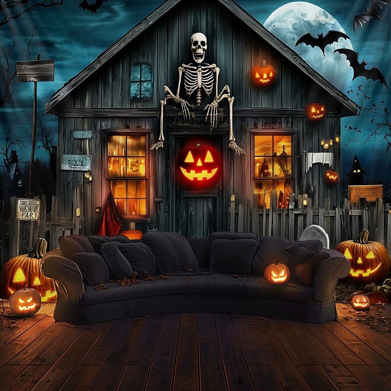 Halloween Haunted House Wall Tapestry – Skeleton and Glowing Jack-o'-Lantern Porch Scene, Spooky Night Sky, Gothic Backdrop for 2025 Halloween Living Room, Bedroom, Party Decoration2