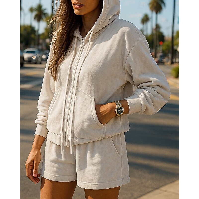 Women's Tracksuit Pullover Sweatshirt Drawstring Hooded Solid Colored Clothing Suit Spring Apricot Gym Training Running Windproof Long Sleeve Sport Activewear Micro-elastic Loose Fit2